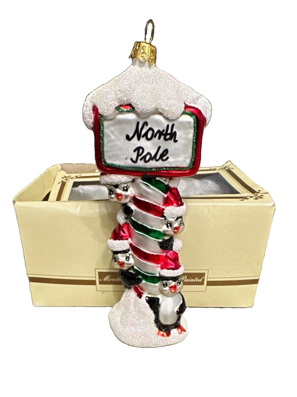 North Pole Penguin Signpost Ornament - White, Red & Green Vintage made in Poland